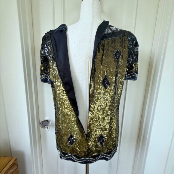 FRENCH CONNECTION Carnival Sequin Black Gold Short Sleeve Top Size 10 - Picture 10 of 16
